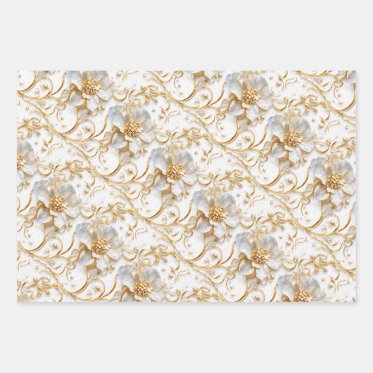 Witte bruiloft bloemenpatroon elegante goudbloesem inpakpapier vel (Voorkant 3)