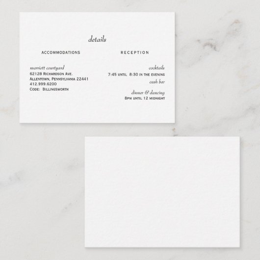 Witte bruiloft details Cash Bar Informatiekaartje (Voorkant / Achterkant)