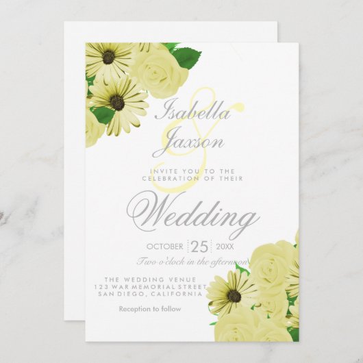 Witte Bruiloft en Pastel Gele Bruiloft Kaart (Voorkant / Achterkant)