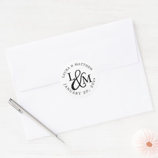 Witte Bruiloft Monogram Ronde Sticker (Envelop)