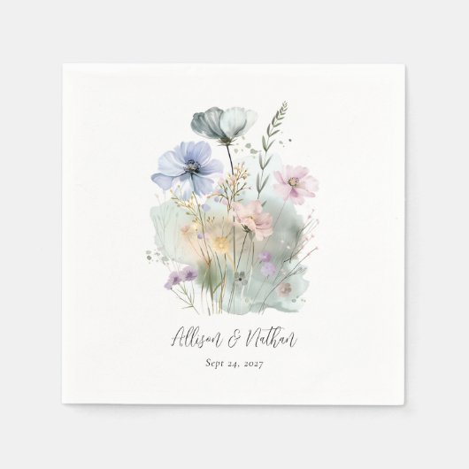Witte bruiloft servetten met Waterverf Wildflower (Voorkant)