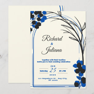 Witte bruiloft uitnodiging met blauwe bloemen