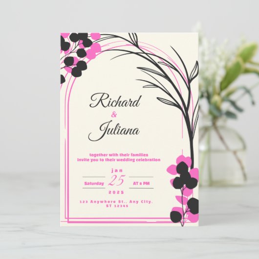 witte bruiloft uitnodiging met roze bloemen (Staand voorkant)