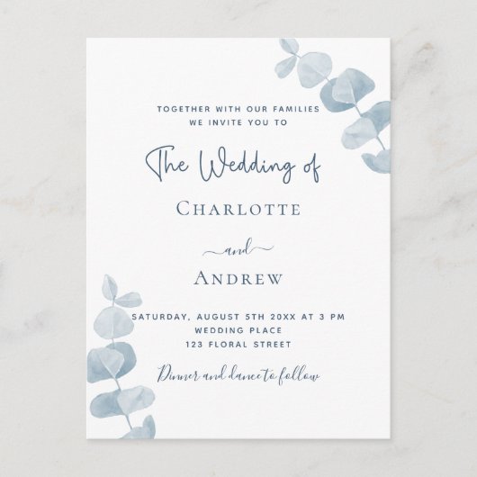 Witte bruine eucalyptusbruiloft uitnodiging briefkaart (Voorkant)