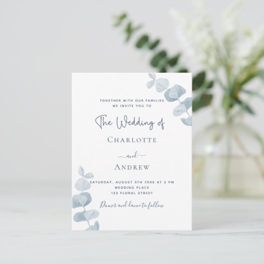 Witte bruine eucalyptusbruiloft uitnodiging briefkaart (Staand voorkant)