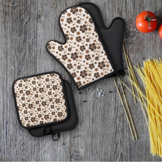 Witte bruine natuurlijke bloem ovenwant & pannenlap set