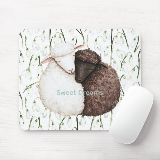 Witte Bruine Schapen Bloemen Muismat (Met muis)