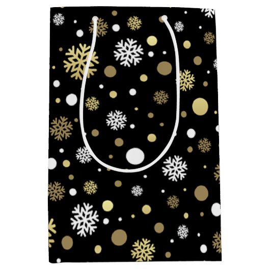 Witte bruinrode snuitvlokken pokadots op zwart medium cadeauzakje (Voorkant)