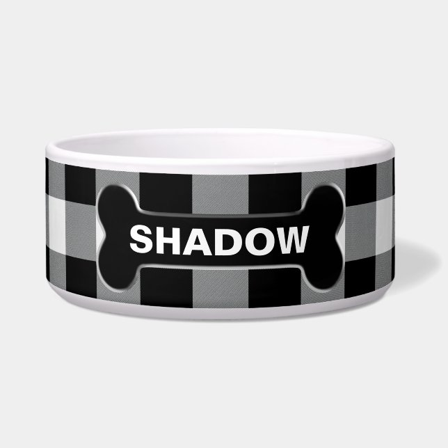 Witte Buffel Check Dog Bone Rustieke Aangepaste Na Voerbakje (Voorkant)