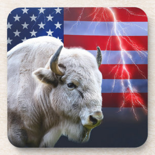 Witte buffel met Amerikaanse vlag en bliksem Bier Onderzetter
