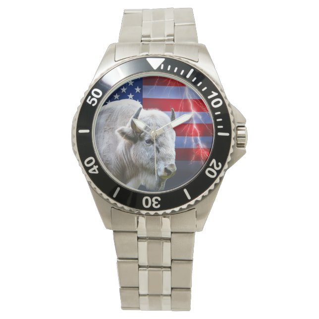 Witte buffel met Amerikaanse vlag en bliksem Horloge (Voorkant)