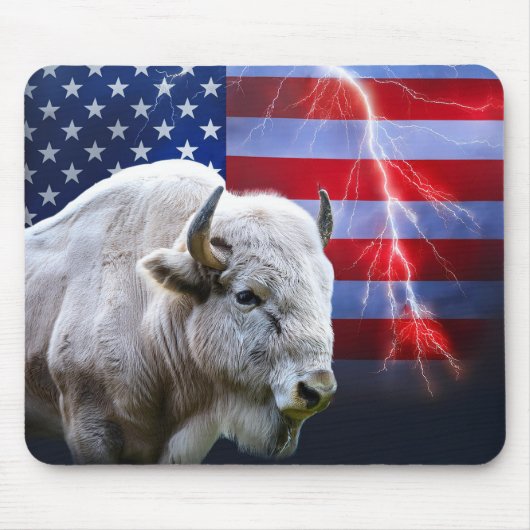 Witte buffel met Amerikaanse vlag en bliksem Muismat (Voorkant)