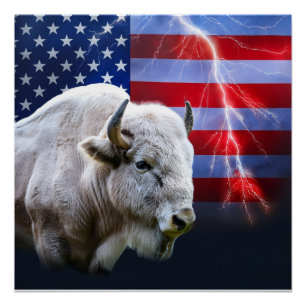 Witte buffel met Amerikaanse vlag en bliksem Perfect Poster