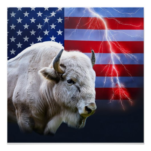 Witte buffel met Amerikaanse vlag en bliksem Perfect Poster (Voorkant)