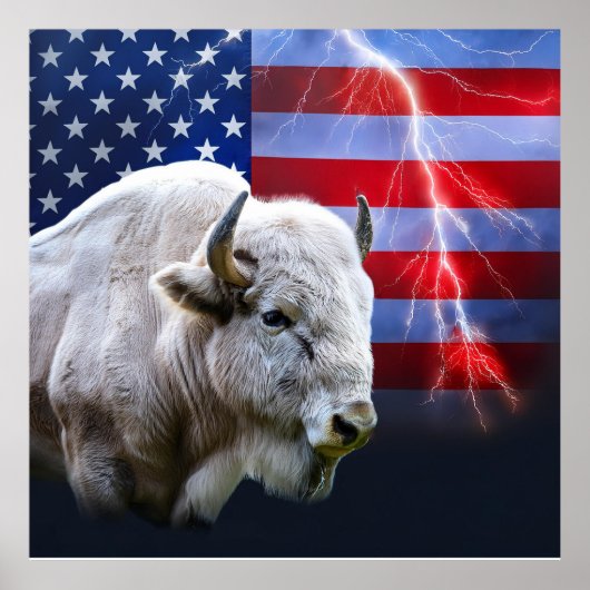 Witte buffel met Amerikaanse vlag en bliksem Poster (Voorkant)