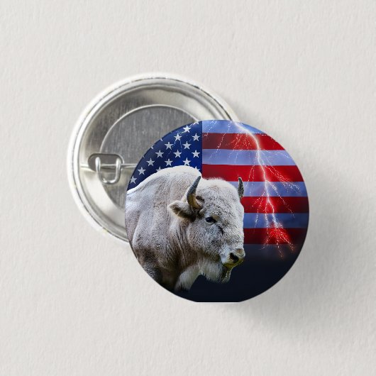 Witte buffel met Amerikaanse vlag en bliksem Ronde Button 3,2 Cm (Voorkant /achterkant)