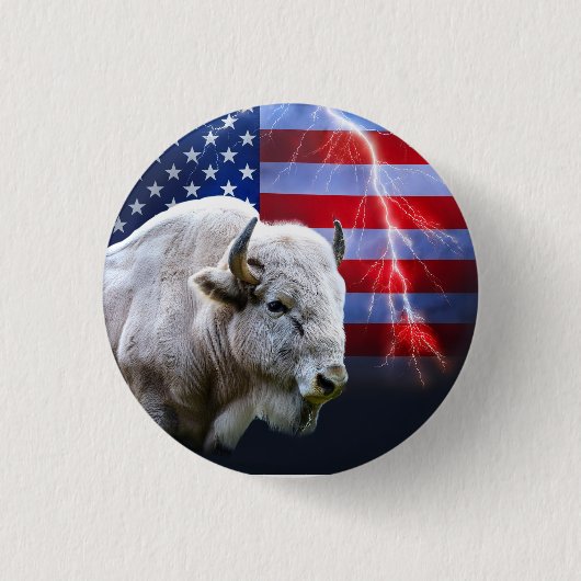 Witte buffel met Amerikaanse vlag en bliksem Ronde Button 3,2 Cm (Voorkant)