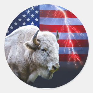 Witte buffel met Amerikaanse vlag en bliksem Ronde Sticker