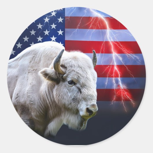 Witte buffel met Amerikaanse vlag en bliksem Ronde Sticker (Voorkant)