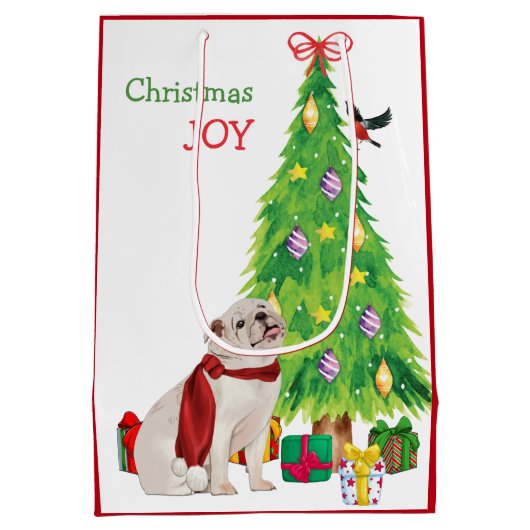 Witte Bulldog, Bird en kerstboom Medium Cadeauzakje (Achterkant)