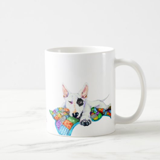Witte Bullterrier op Patchwork Deken - Kunst Koffiemok (Rechts)
