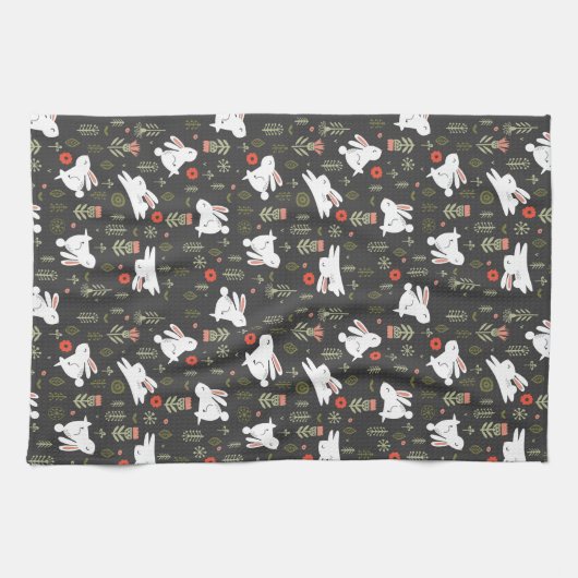 Witte Bunnies en lentbloemen Theedoek (Horizontaal)