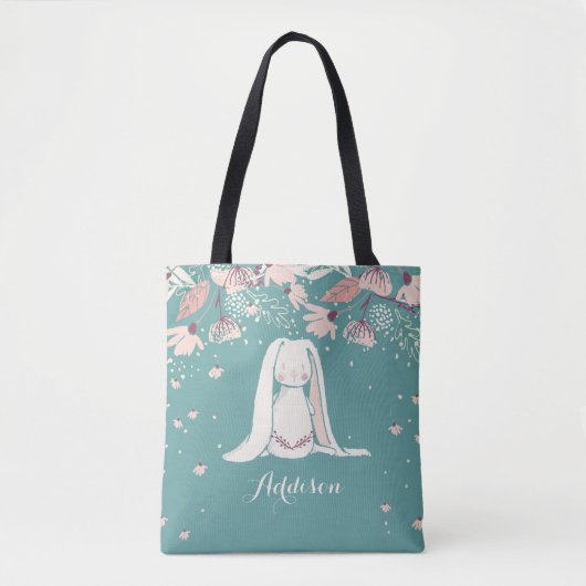 Witte Bunny & Flowers | Aangepaste naam Tote Bag (Voorkant)