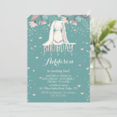 Witte Bunny & Flowers | Roze en Blauwgroen kindere Kaart (Staand voorkant)