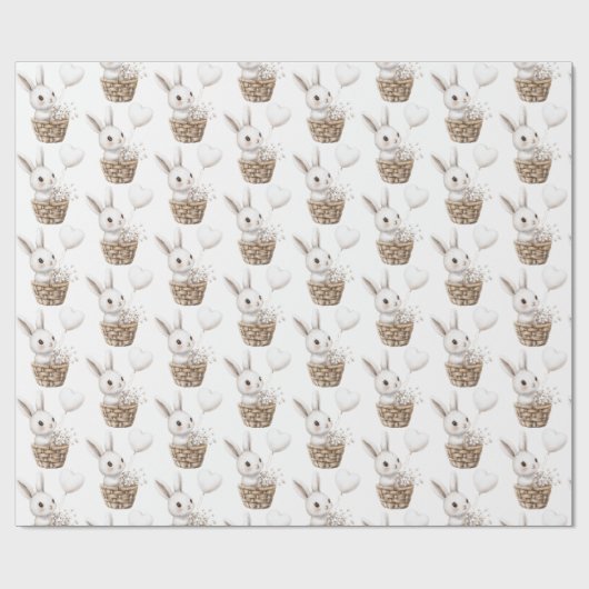 Witte Bunny Hearts in een Basket Baby shower Cadeaupapier (Vlak)