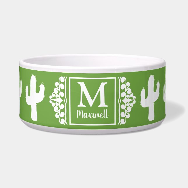 Witte Cactus Silhouettes & Scrolls | Monogram Voerbakje (Voorkant)