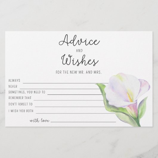 Witte calla - advies en wensen vrijgezellenfeest briefpapier (Voorkant)