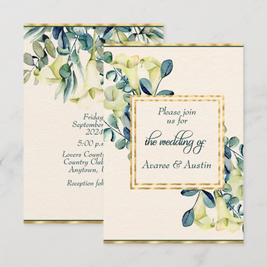 Witte Calla Lelie en Eucalyptus Save The Date (Voorkant / Achterkant)