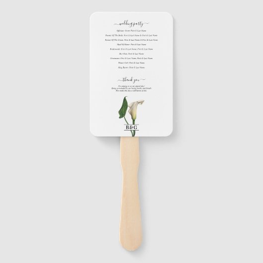 Witte Calla Lelie Groene Botanische Trouwprogramma Handwaaier (Achterkant)
