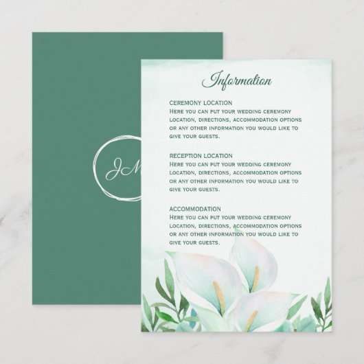 Witte Calla lelie monogram bruiloftsreceptie kaart (Voorkant / Achterkant)