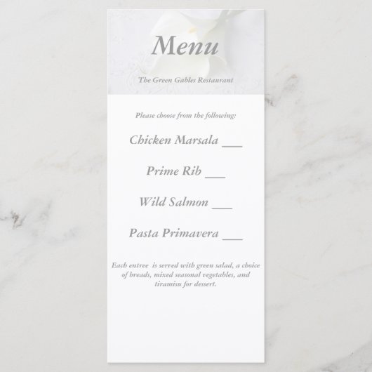 Witte Calla lelies op linnen bruiloft menukaart (Voorkant)