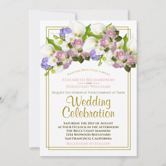 Witte Calla Lelies & Roze Rozenknoppen Lente bruil Kaart (Voorkant)