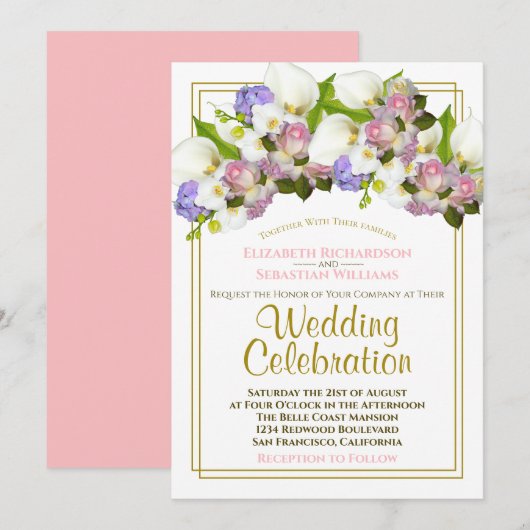 Witte Calla Lelies & Roze Rozenknoppen Lente bruil Kaart (Voorkant / Achterkant)