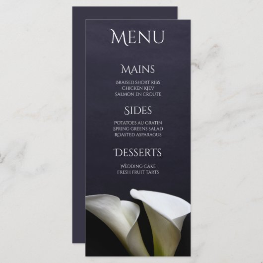 Witte calla leugens op zwart menu (Voorkant / Achterkant)