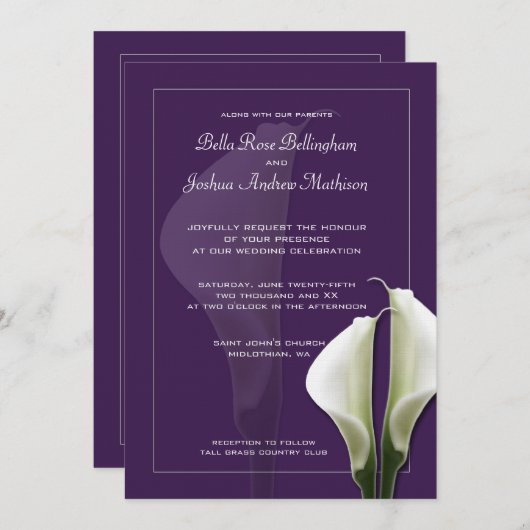 Witte Calla Lillies bruiloft uitnodiging op Paarse (Voorkant / Achterkant)