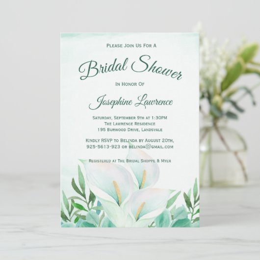 Witte Calla Lily Bloemen Bruidsdouche Uitnodiginge Kaart (Staand voorkant)