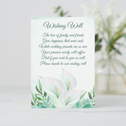 Witte Calla Lily Bloemen Bruiloft Wishing Well Kaa Informatiekaartje (Staand voorkant)