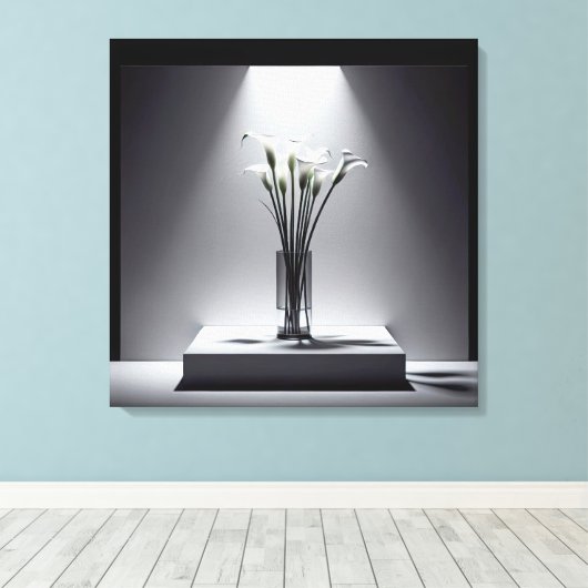 Witte Calla Lily boeket in de kijker Canvas Afdruk (Insitu (Houten vloer))