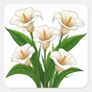 Witte Calla Lily Boeket Met Groene Bladeren Vierkante Sticker