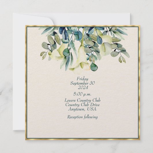 Witte Calla Lily en Eucalyptus Ivoor en Goud Kaart (Achterkant)