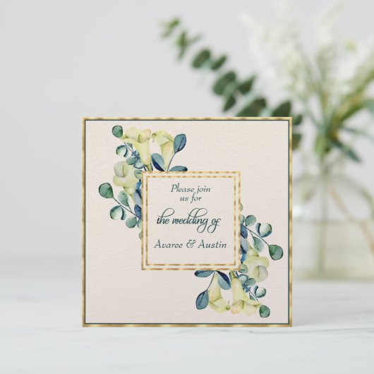 Witte Calla Lily en Eucalyptus Ivoor en Goud Kaart (Staand voorkant)