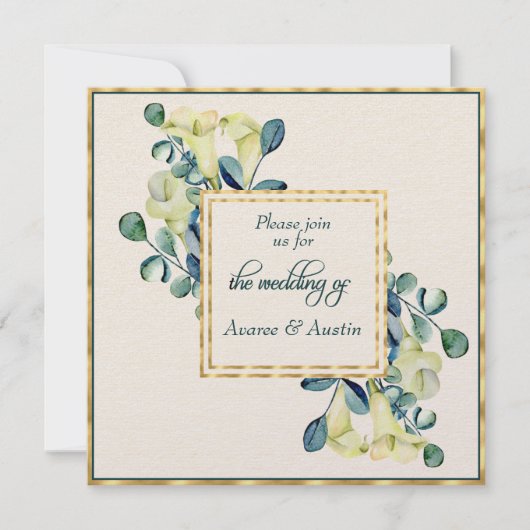 Witte Calla Lily en Eucalyptus Ivoor en Goud Kaart (Voorkant)