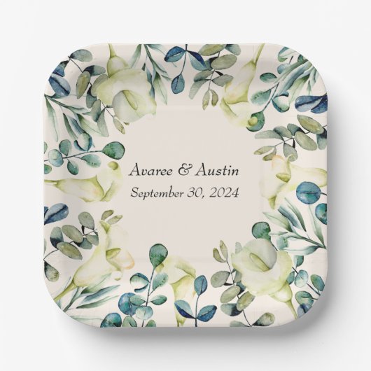 Witte Calla Lily en Eucalyptus Papieren Bordje (Voorkant)