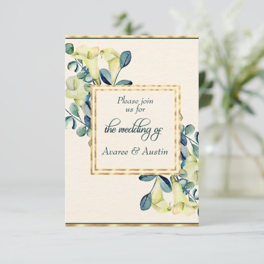 Witte Calla Lily en Eucalyptus Save The Date (Staand voorkant)
