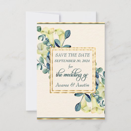 Witte Calla Lily en Eucalyptus Save The Date (Voorkant)