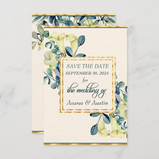 Witte Calla Lily en Eucalyptus Save The Date (Voorkant / Achterkant)